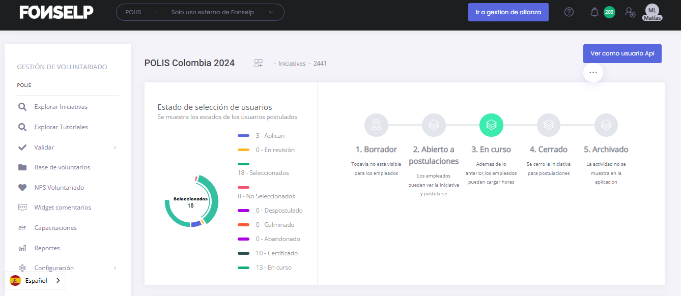 Fonselp admin panel showing volunteer management