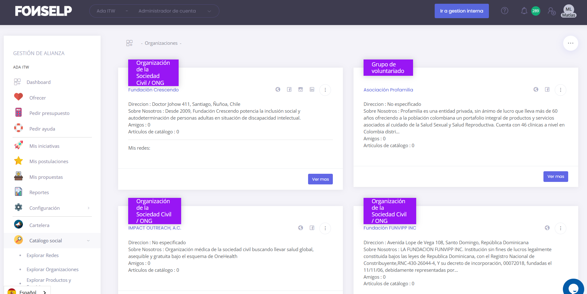 Vista de organizaciones en la plataforma Fonselp