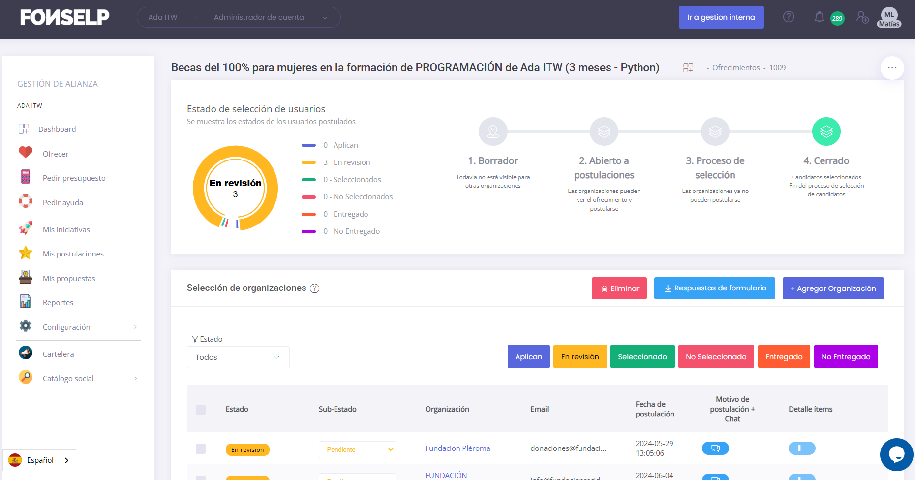 Panel de selección de organizaciones - Gestión de postulaciones y proceso de selección en FONSELP